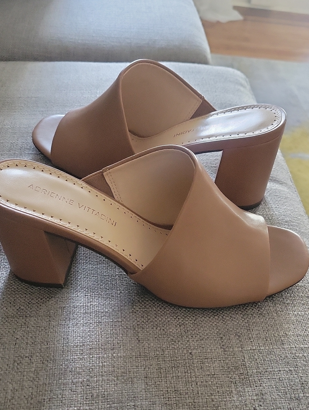 Adrienne Vittadini Tan Open-Toe Block Heel Mules 3 Inch Heel
